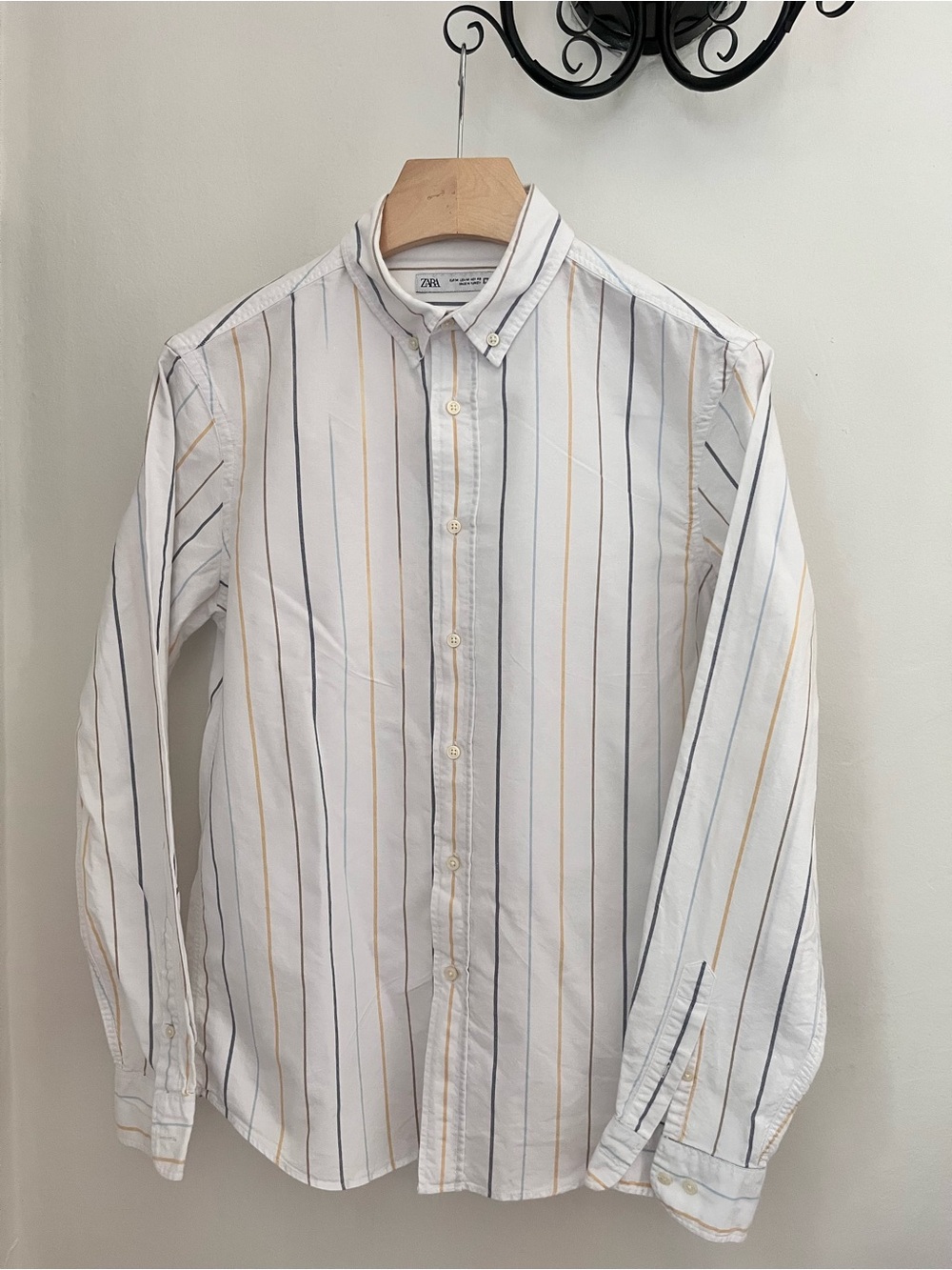 Zara White Button-Down Shirt with Navy and Tan Stripes